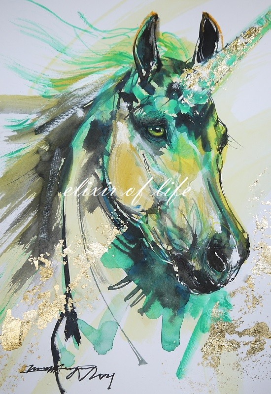 ユニコーン（A4サイズ、墨、水彩、水彩画用紙、金箔） 絵画