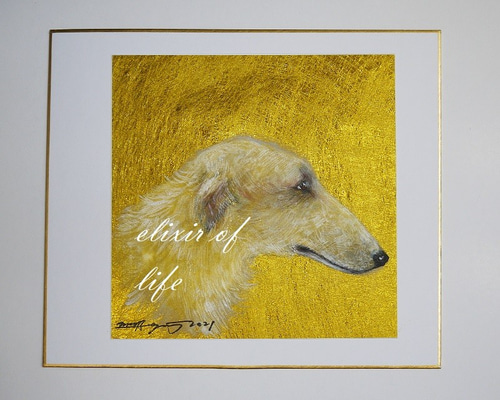 黄金のボルゾイ（色紙、21cm×18cm、墨、水彩、アクリル） 絵画
