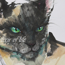 シャム猫のポートレート２０２１（墨絵、A4サイズ、水彩画用紙、墨、水彩） 2枚目の画像