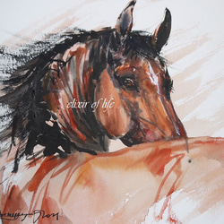 振り向く馬２０２１（高級水彩画用紙、F2、２４ｃｍ×１９，５ｃｍ,墨絵、墨、水彩） 1枚目の画像