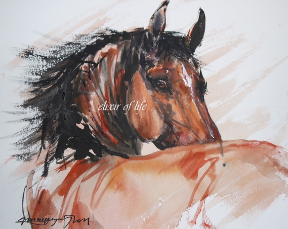 振り向く馬２０２１（高級水彩画用紙、F2、２４ｃｍ×１９，５ｃｍ,墨絵、墨、水彩） 1枚目の画像