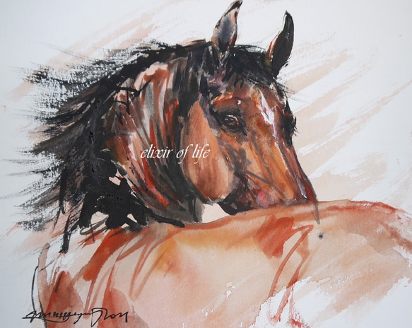 注文割引 振り向く馬2021（高級水彩画用紙、F2、24cm×19 絵画