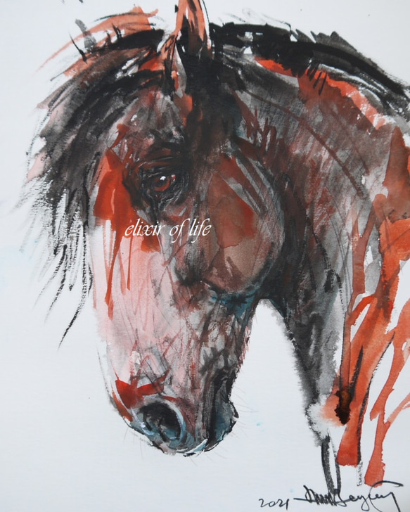 トウマページ　水彩画 赤い馬のポートレート（高級水彩画用紙、F2、24cm×19