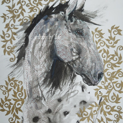 葦毛の馬（高級水彩画用紙、F2、２４ｃｍ×１９，５ｃｍ,墨絵、アクリル） 1枚目の画像