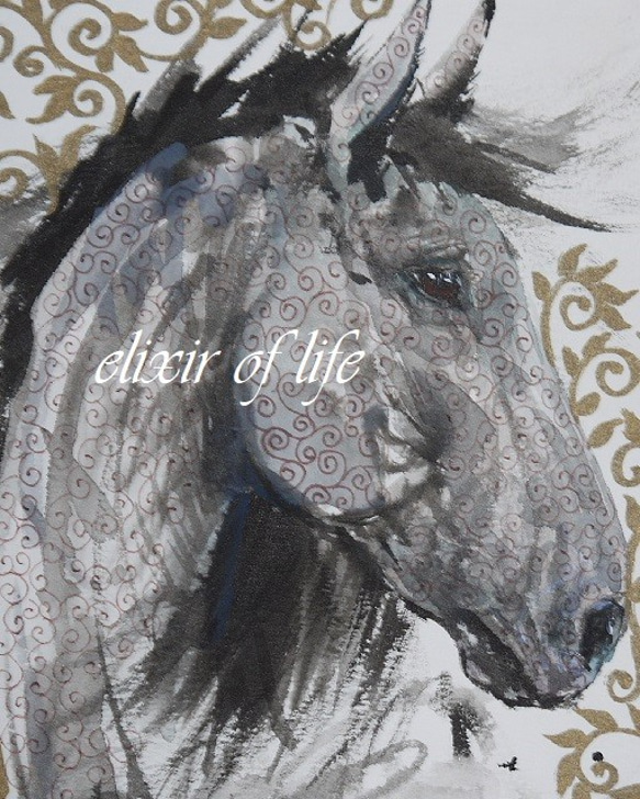 葦毛の馬（高級水彩画用紙、F2、２４ｃｍ×１９，５ｃｍ,墨絵、アクリル） 2枚目の画像