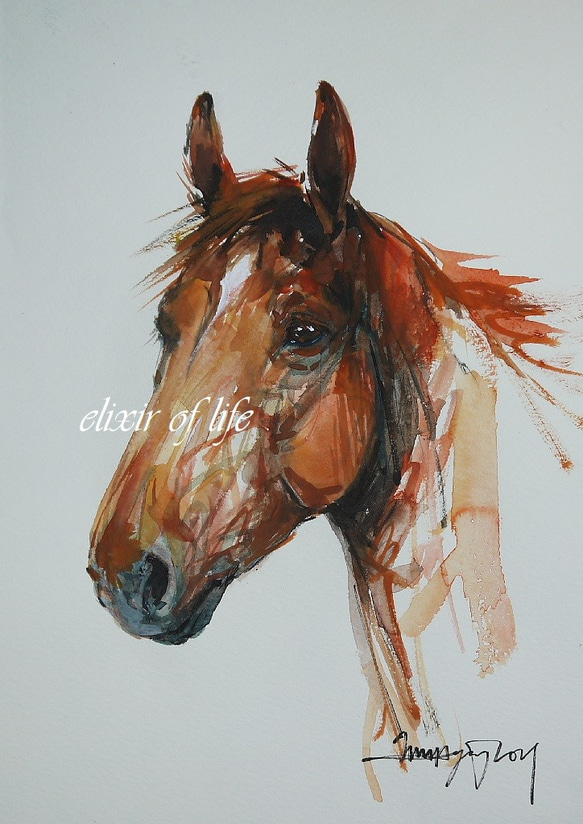 栗毛の馬のポートレート2021 (高級水彩画用紙、F4, 24cm×３３，５ｃｍ、墨、水彩） 1枚目の画像