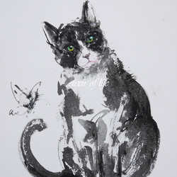 蝶々と白黒の猫(厚い和紙、24cm×32cm、墨絵) 1枚目の画像