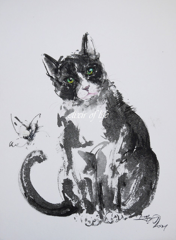 蝶々と白黒の猫(厚い和紙、24cm×32cm、墨絵) 1枚目の画像