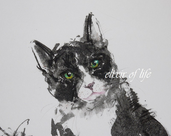 蝶々と白黒の猫(厚い和紙、24cm×32cm、墨絵) 2枚目の画像