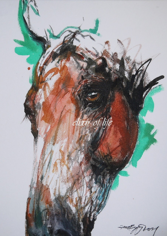 馬の頭部(厚い和紙、24cm×32cm、墨絵、墨、水彩) 1枚目の画像