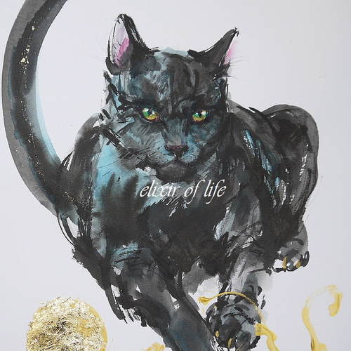 すらっとした猫（墨絵、23cm×34cm、水彩画用紙） 絵画