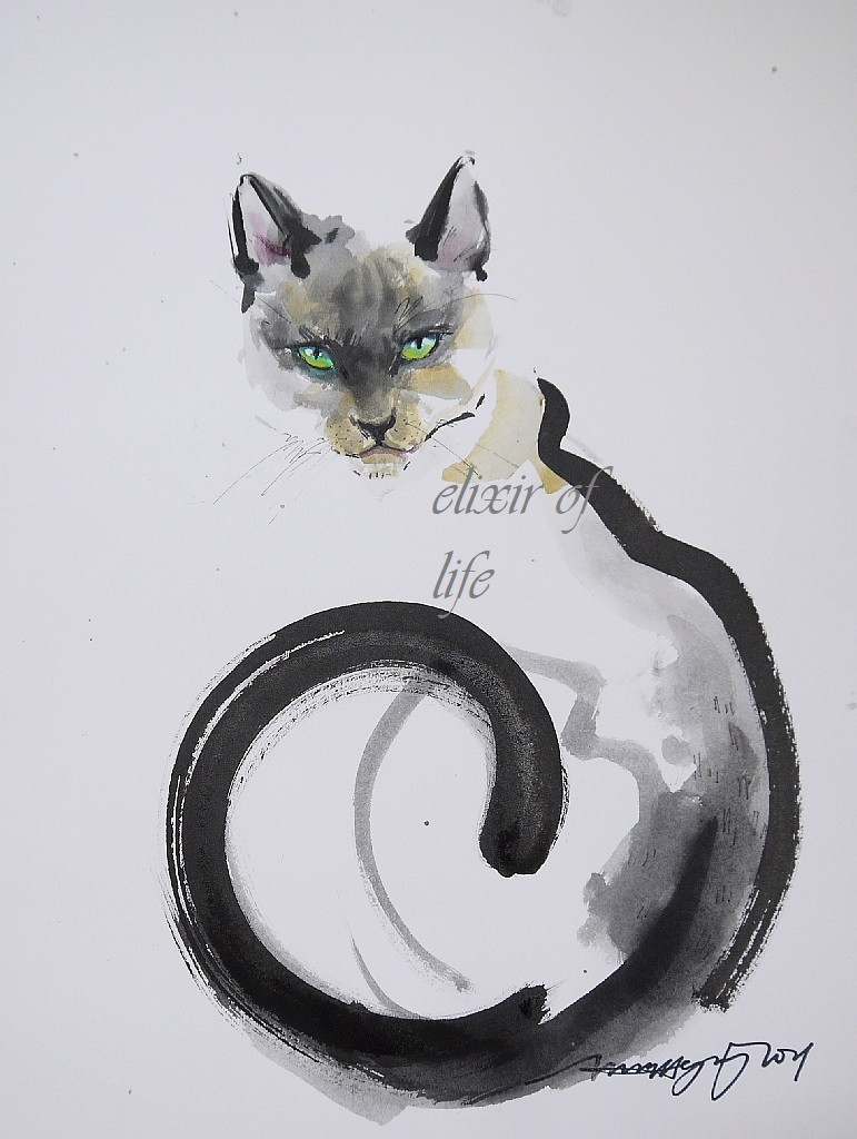 エレガントなシャム猫（水彩画用紙、墨絵、サイズ：23cm×30cm