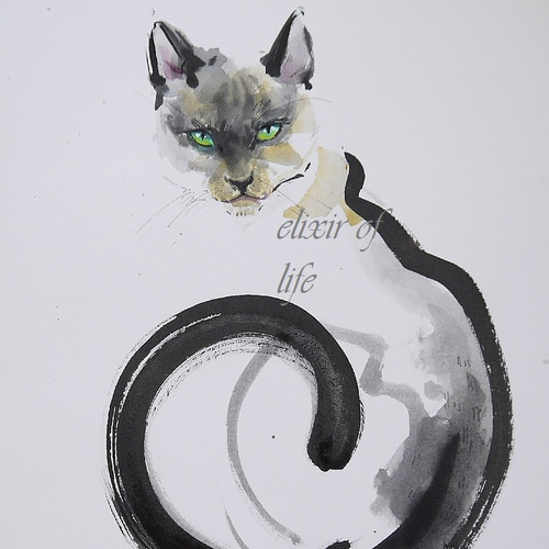 シャム猫の絵 水彩画 原画 額付き「白い薔薇とシャム猫」 シャム猫の絵 水彩画 原画 額付き「白い薔薇とシャム猫」