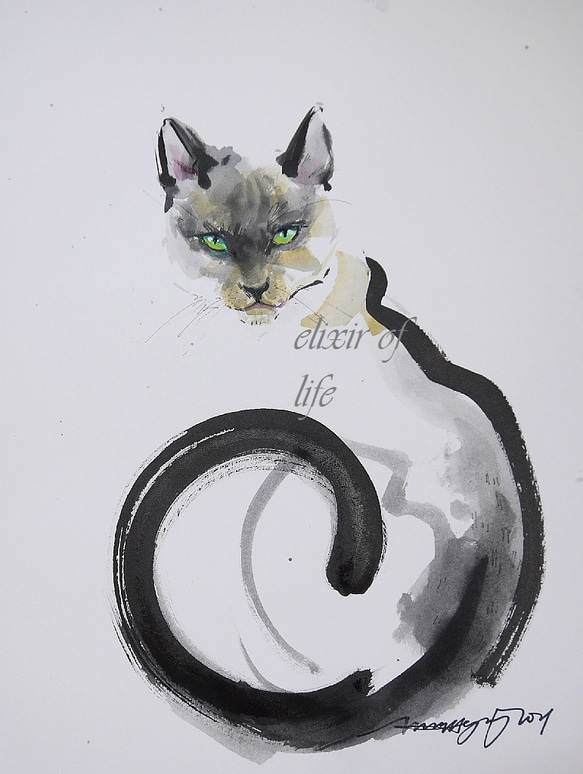 エレガントなシャム猫（水彩画用紙、墨絵、サイズ：23cm×30cm