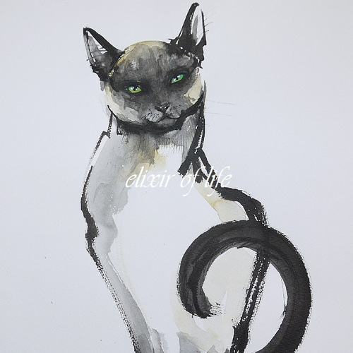 見つめるシャム猫(墨絵、水彩画用紙、35cm×25cm) 絵画 ELIXIR OF 見つめるシャム猫(墨絵、水彩画用紙、35cm×25cm) 絵画 ELIXIR OF