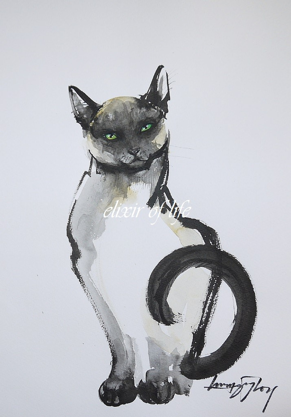 シャム猫の絵 水彩画 原画 額付き「白い薔薇とシャム猫」 m11541851343_1.jpg?1712478453