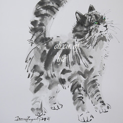 メインクーンの仔猫２０２１（A4サイズ、水彩画用紙、墨絵） 1枚目の画像