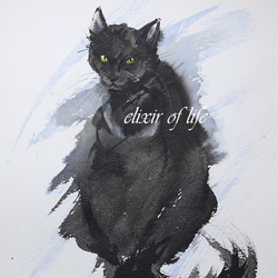 振り向く黒い猫（高級水彩画用紙、A4サイズ、墨絵、墨、水彩） 1枚目の画像