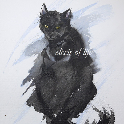 振り向く黒い猫(高級水彩画用紙、A4サイズ、墨絵、墨、水彩 振り向く黒い猫(高級水彩画用紙、A4サイズ、墨絵、墨、水彩