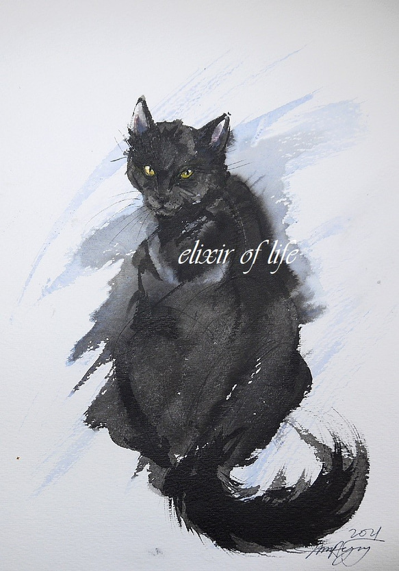 振り向く黒い猫（高級水彩画用紙、A4サイズ、墨絵、墨、水彩