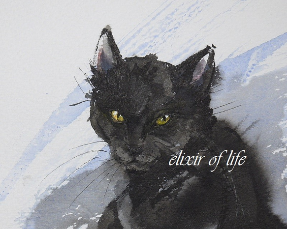 振り向く黒い猫（高級水彩画用紙、A4サイズ、墨絵、墨、水彩） 2枚目の画像