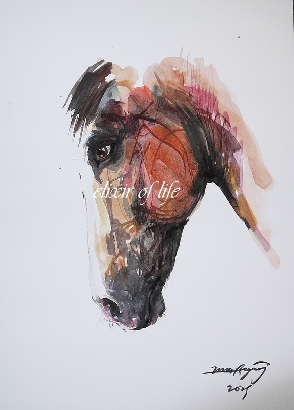馬の横顔２０２１（A4サイズ、水彩画用紙、墨、水彩） 1枚目の画像
