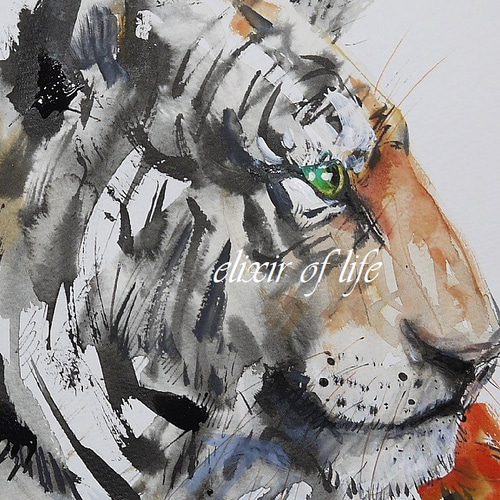 虎のポートレート2021（墨絵、水彩画用紙、35cm×25cm