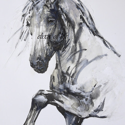 足を上げた葦毛の馬（墨絵、墨、アクリル、水彩画用紙３５ｃｍ×２５ｃｍ） 1枚目の画像