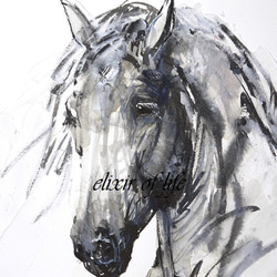 足を上げた葦毛の馬（墨絵、墨、アクリル、水彩画用紙３５ｃｍ×２５ｃｍ） 2枚目の画像