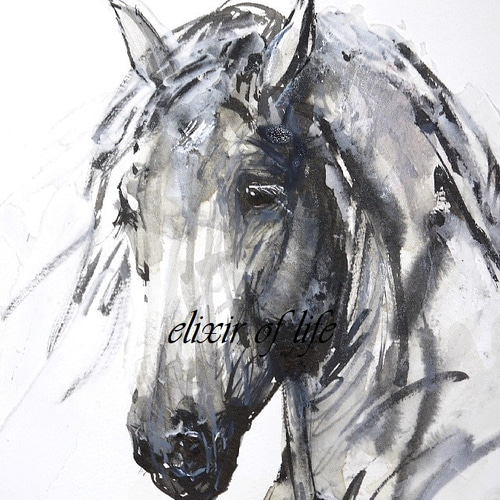 足を上げた葦毛の馬（墨絵、墨、アクリル、水彩画用紙35cm