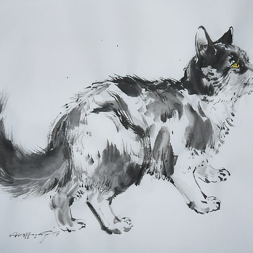 【SALE／37%OFF】 見上げる猫（墨絵、和紙33cm×24，5cm） OF ELIXIR 版画 絵画