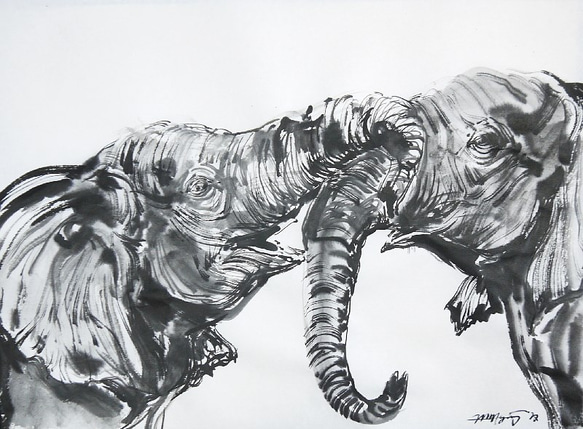 赤い風船のゾウの仔（墨絵、水彩画用紙24，5cm×35cm