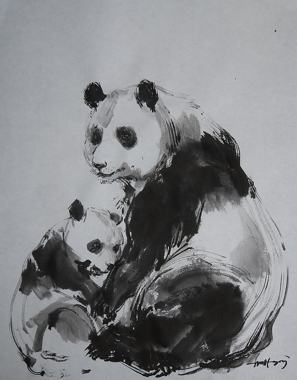 パンダの親子（墨、水墨画用紙32cm×41cm） 絵画 ELIXIR OF