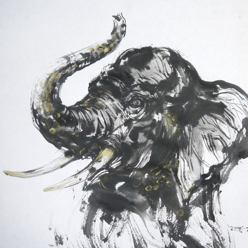 若いゾウ（水墨画用紙32cm×41cm、墨） 絵画 ELIXIR OF