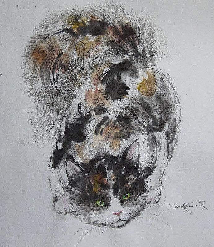 美しい 三毛猫（30cm×37cm、水墨画用紙、墨絵） OF ELIXIR 絵画 絵画