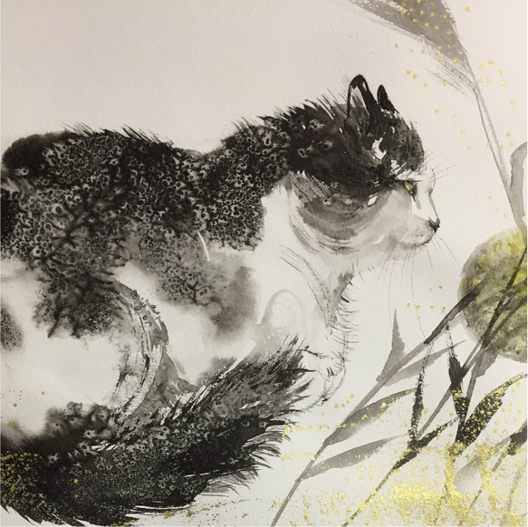 猫と名月、水彩紙、24cm×35cm、墨 1枚目の画像