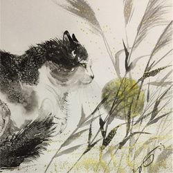 猫と名月、水彩紙、24cm×35cm、墨 3枚目の画像