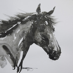 馬のポートレート（墨絵、水彩画用紙　２４，５ｃｍ×３５ｃｍ） 1枚目の画像