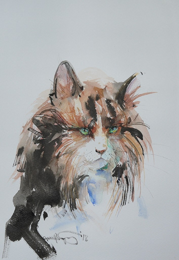 三毛猫、イラストボード22cm×30,5cm 三毛猫のポートレート（墨絵、水彩画用紙24，5cm×35cm