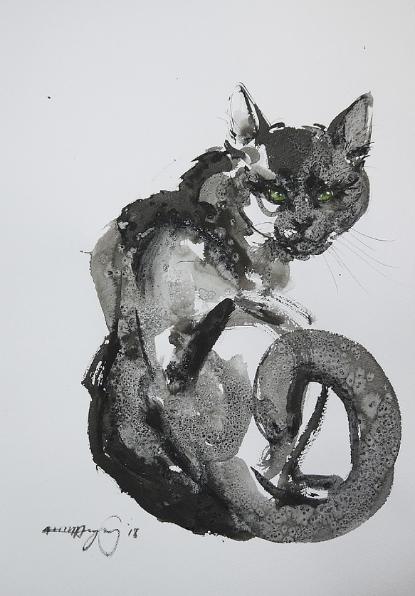 振り向く黒い猫（墨絵、水彩画用紙２４，５ｃｍ×３５ｃｍ） 1枚目の画像