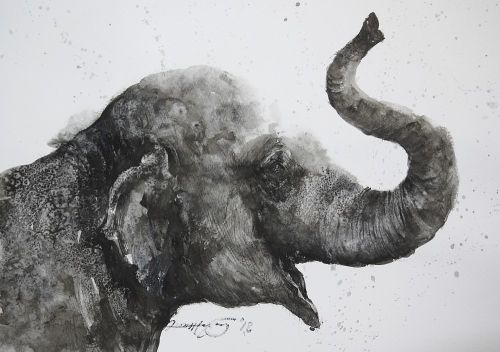 【楽天スーパーセール】 雨に喜ぶゾウの仔（墨絵、水彩画用紙24，5cm×35cm 絵画