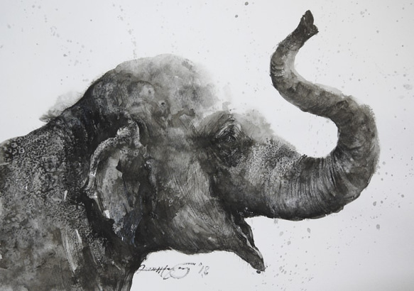 24時間限定タイムセール 雨に喜ぶゾウの仔（墨絵、水彩画用紙24，5cm×35cm 絵画