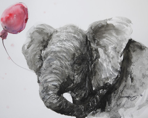 即納！最大半額！ 赤い風船のゾウの仔（墨絵、水彩画用紙24，5cm×35cm 絵画