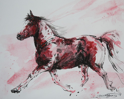 馬　水彩肉質画　印あり　箱あり 馬 水彩肉質画 印あり 箱あり