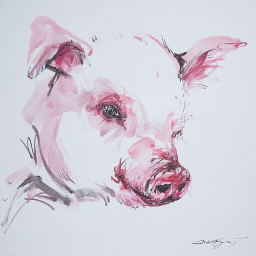 干支2019。子豚ちゃん（色紙、24cm×27cm、墨、水彩） 絵画