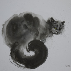 「振り向く黒い猫２０１９」(墨絵、水彩画用紙、30cm×２１ｃｍ) 1枚目の画像