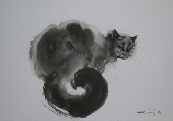 「振り向く黒い猫２０１９」(墨絵、水彩画用紙、30cm×２１ｃｍ) 1枚目の画像