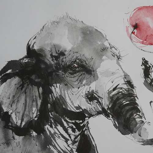 赤い風船とゾウの子（墨絵、水彩画用紙21cm×30cm） 絵画