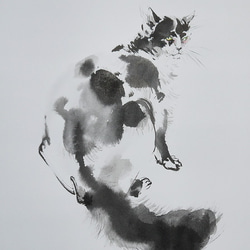 振り向く白黒猫（墨絵、水彩画用紙２４ｃｍ×３４，５ｃｍ） 1枚目の画像