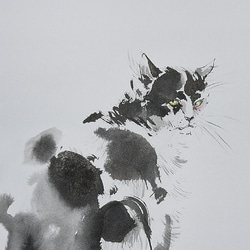 振り向く白黒猫（墨絵、水彩画用紙２４ｃｍ×３４，５ｃｍ） 2枚目の画像